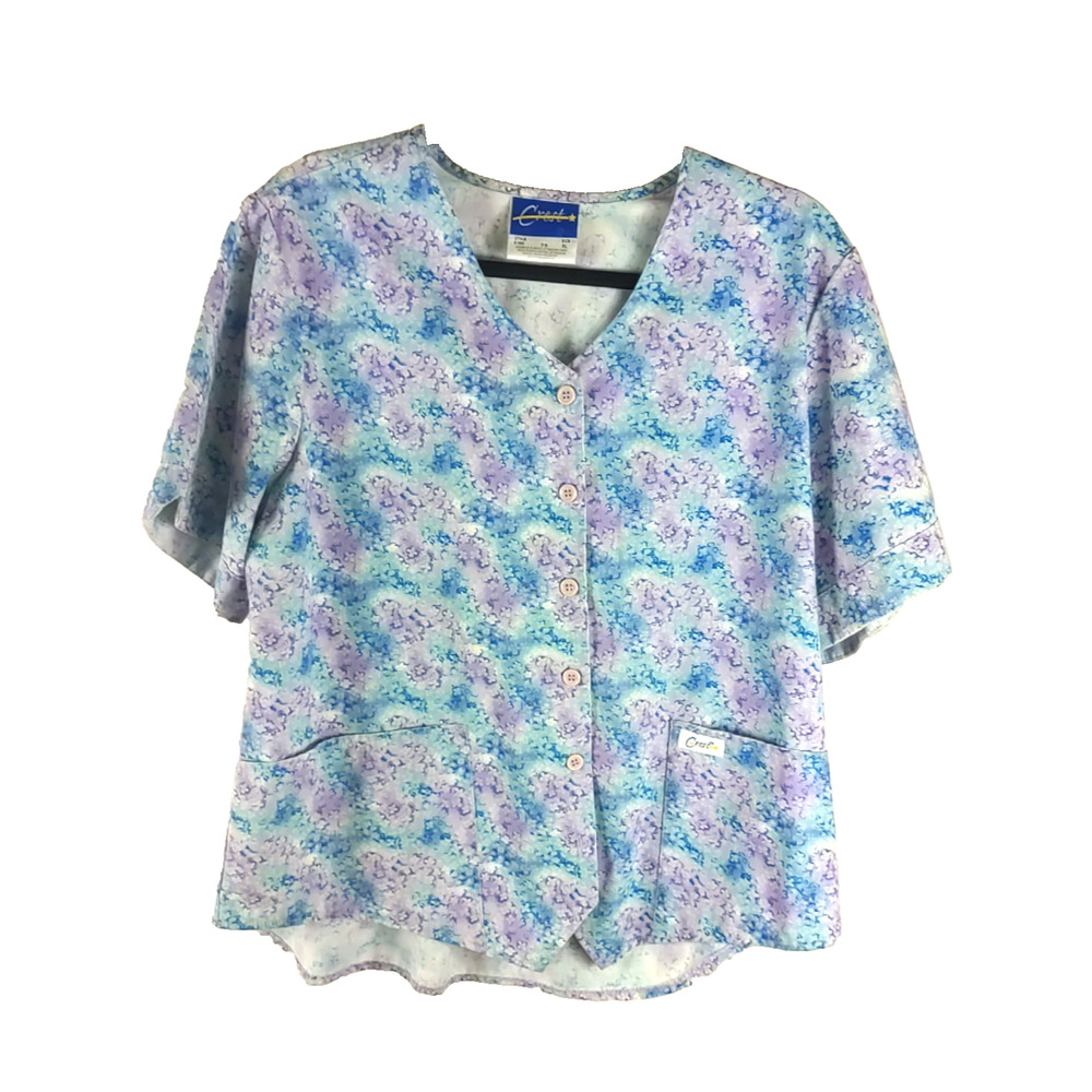 Crest Women's Scrub Top Button Up Blue Purple Flower Size X Large Spring